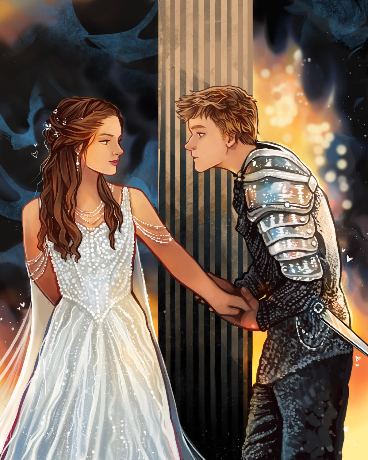 An illustration of a knight and a princess meeting behind a pillar at night.